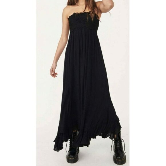 Free People sz S Adella Corset Lace Maxi Midi Dress Black Strapless Boho Goth - Picture 1 of 6